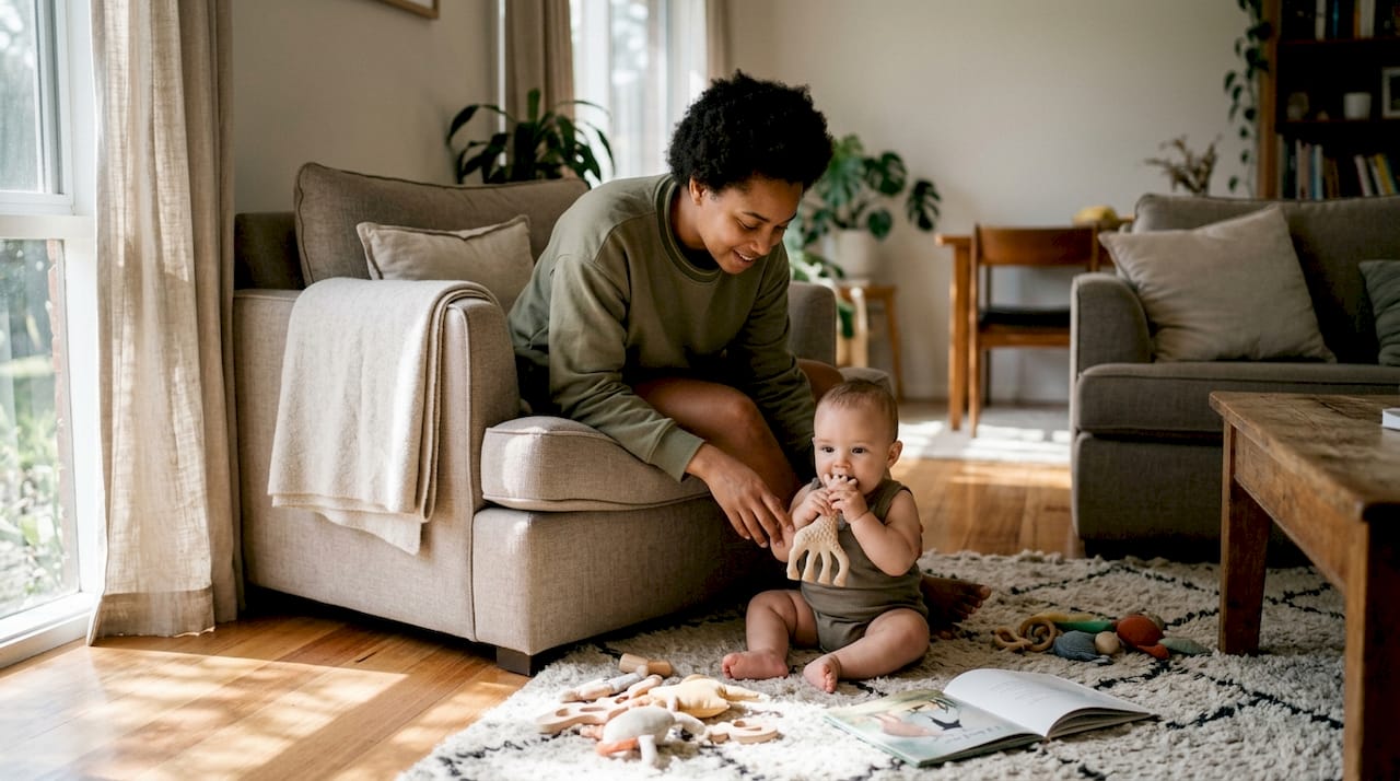 Parent and baby with natural rubber teething toy