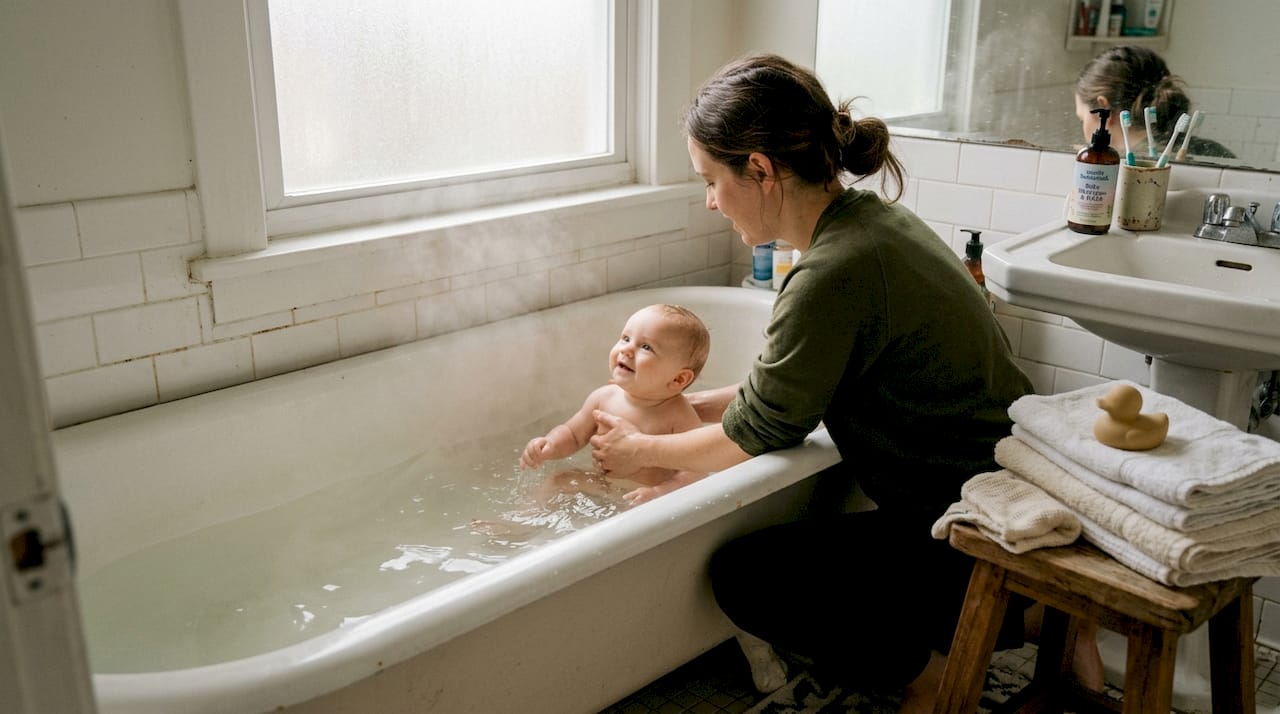Parent bathing baby with non-toxic essentials