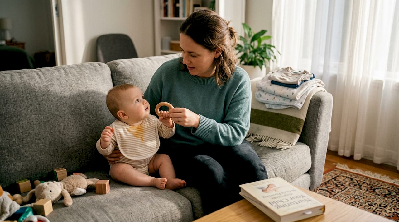 Parent offering baby a rubber teether at home