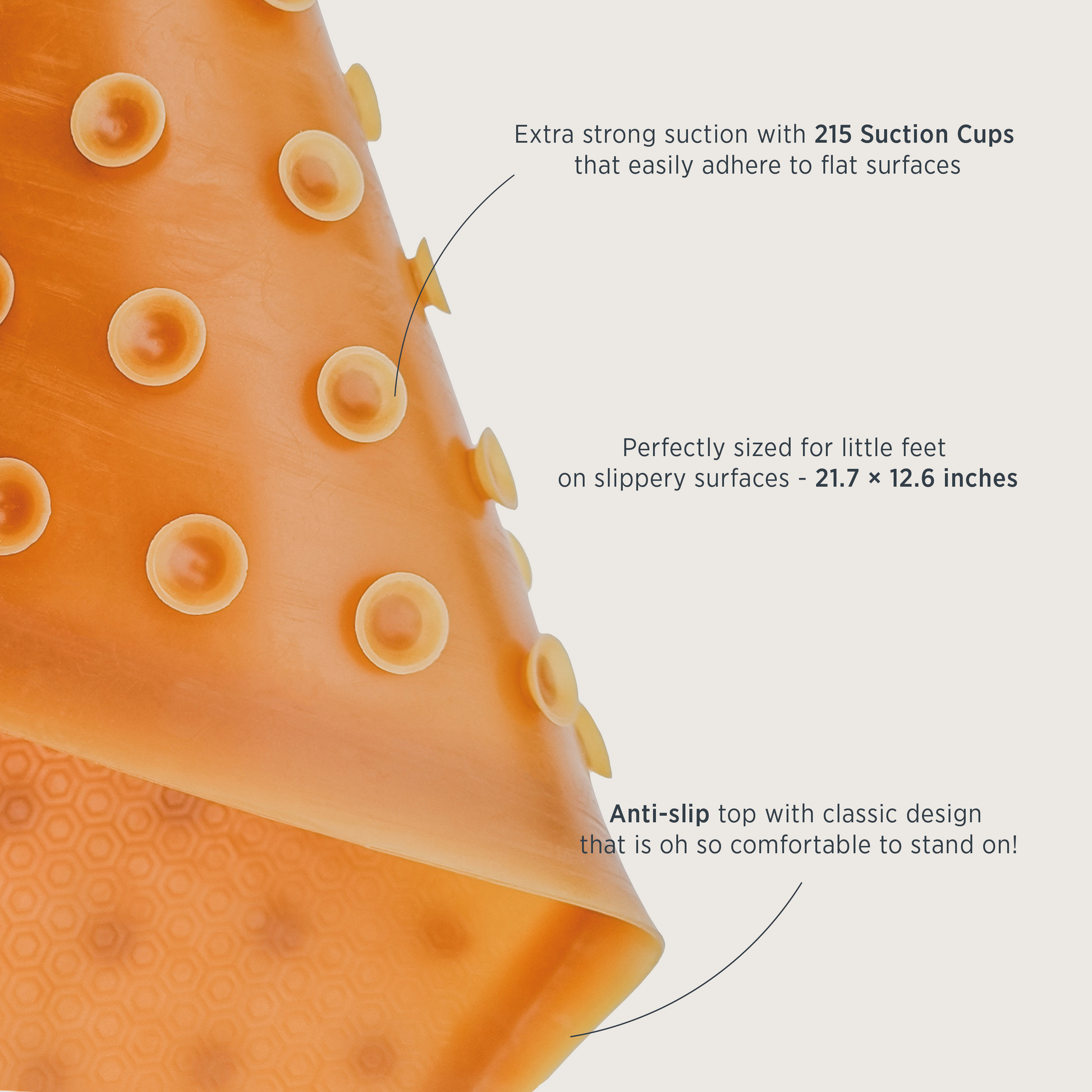 Orange adhesive strip with suction cups and text describing its features on a white background