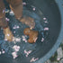 Child's feet in a basin with water and flower petals, including a rubber duck.