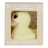 Yellow rubber duck in a HEVEA packaging on a white background
