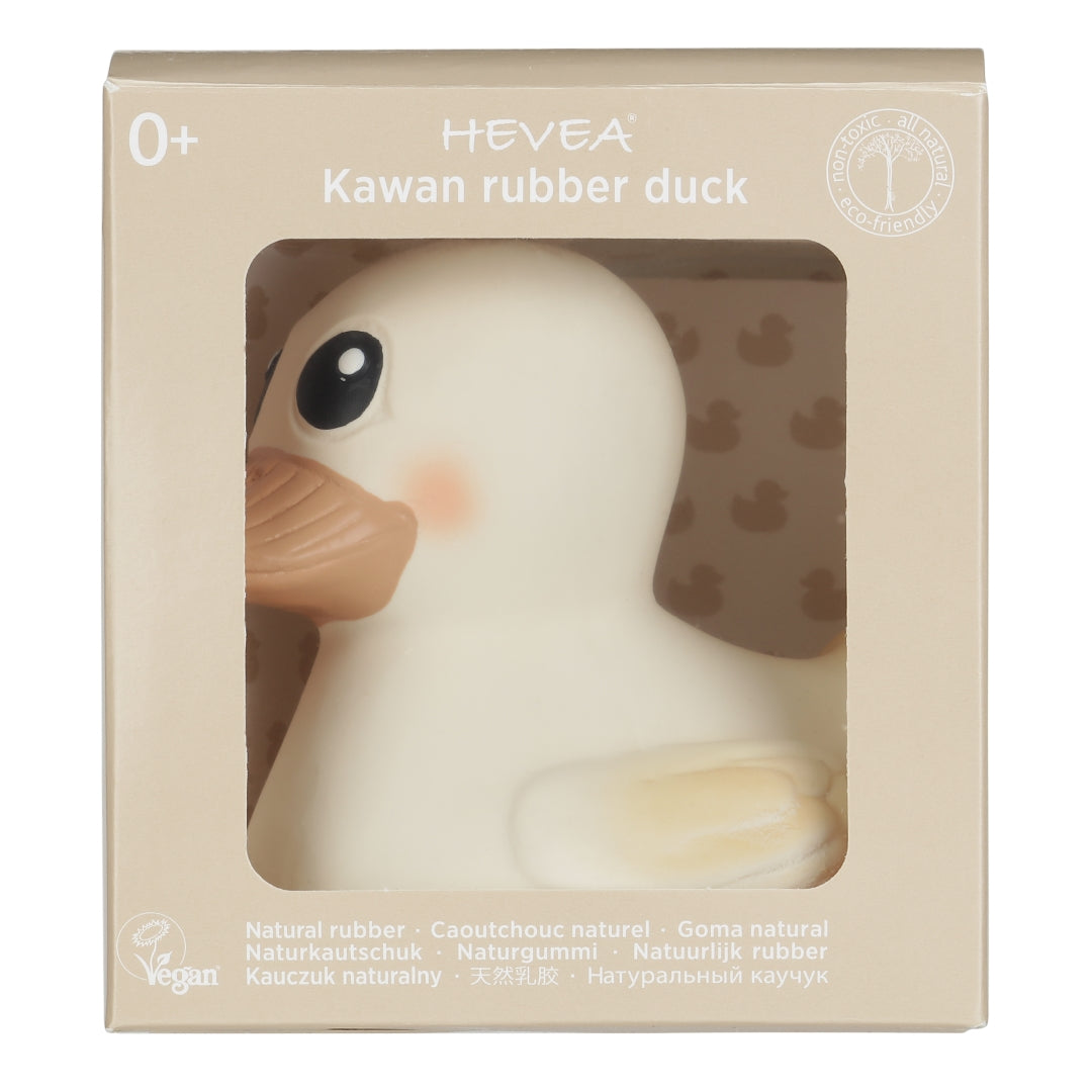 Kawan rubber duck in a HEVEA packaging box on a white background