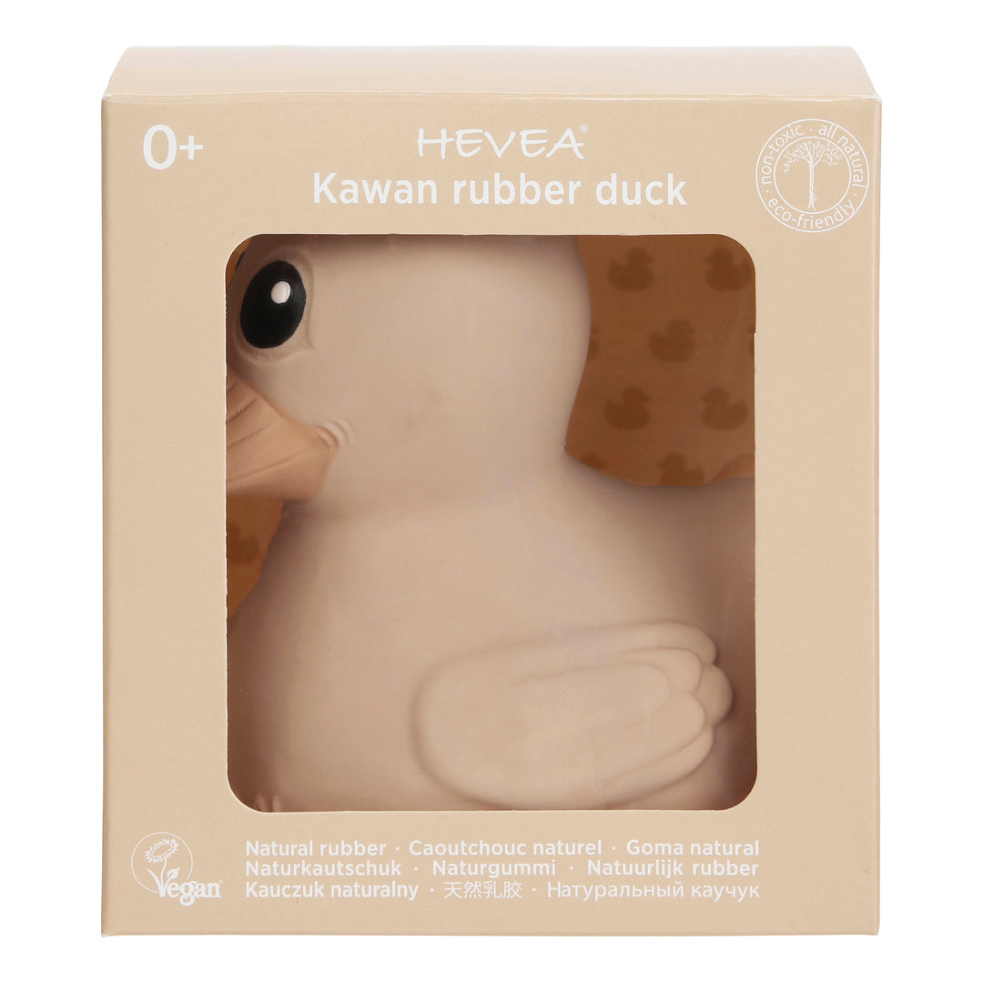 Kawan rubber duck in a beige box with HEVEA branding