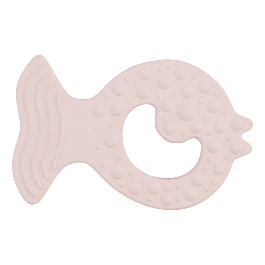 Pink fish-shaped teether on a white background