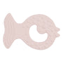 Pink fish-shaped teether on a white background