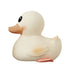 White rubber duck with a brown beak on a white background