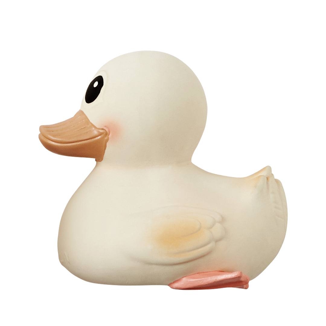 White rubber duck with a brown beak on a white background