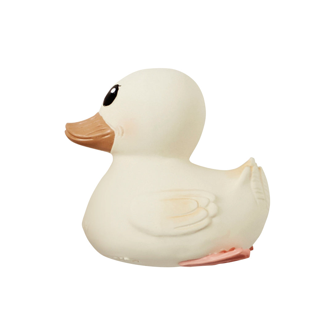 White rubber duck with a brown beak on a white background