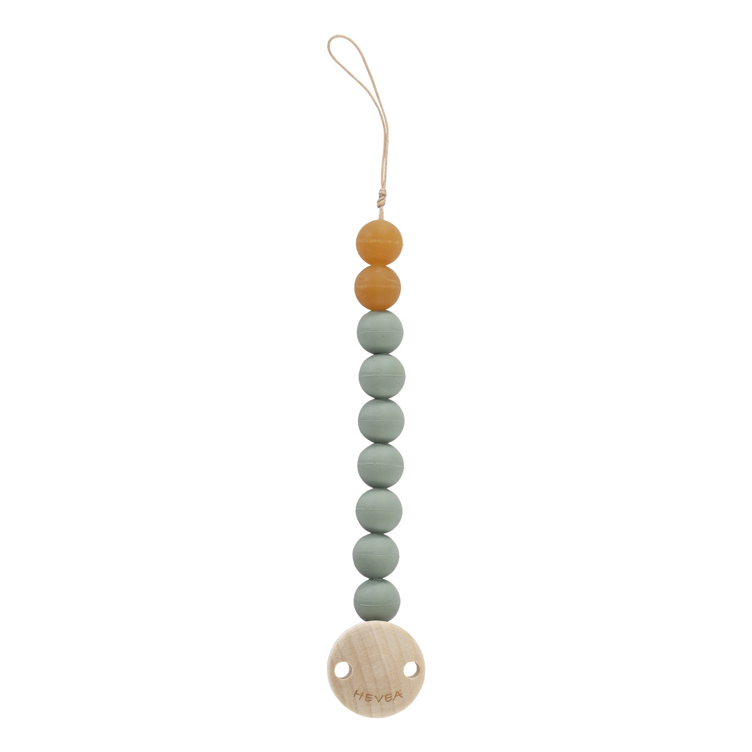 Beaded teething necklace with a wooden pacifier clip on a white background