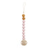 Beaded pacifier clip with pink and yellow beads on a white background