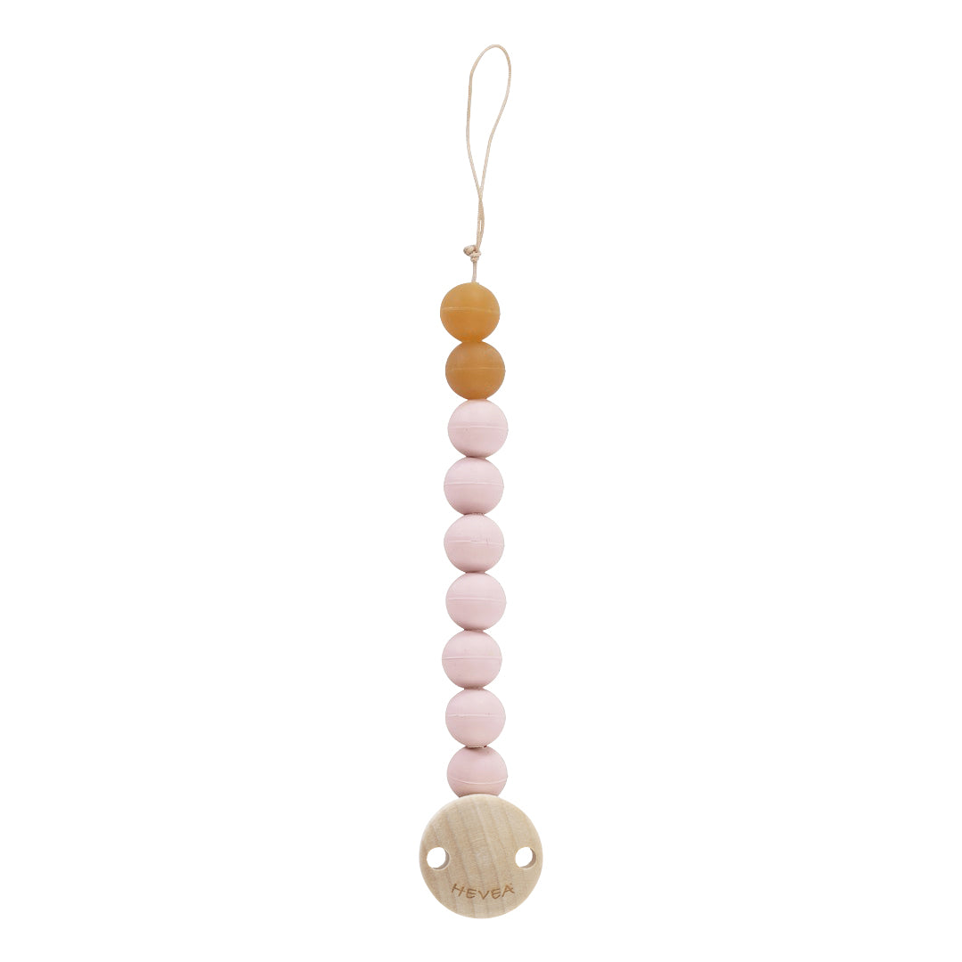 Beaded pacifier clip with pink and yellow beads on a white background
