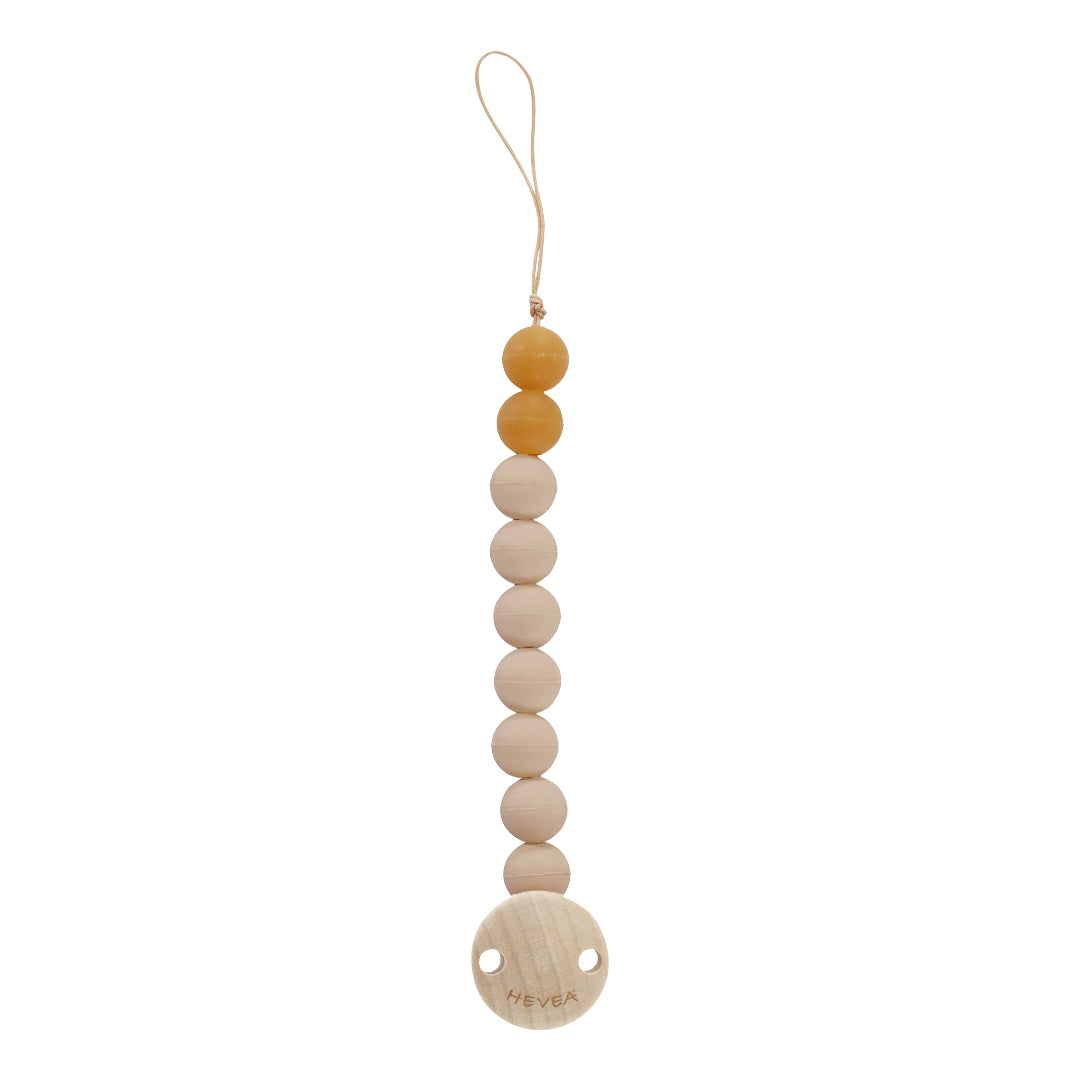 Beaded pacifier clip with a yellow bead and 'Neva' branding on a white background