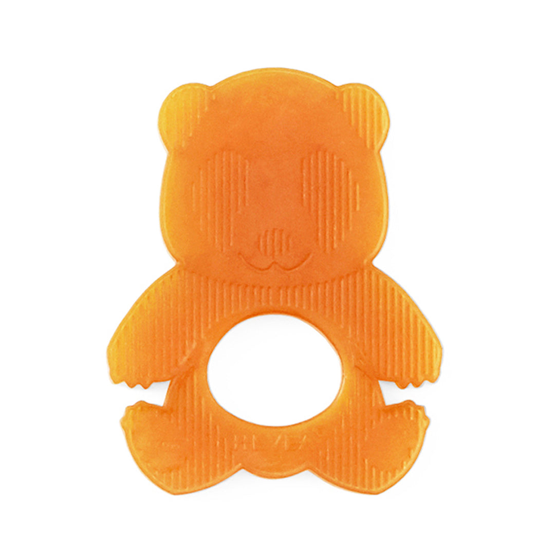 Orange bear-shaped teething ring on a white background