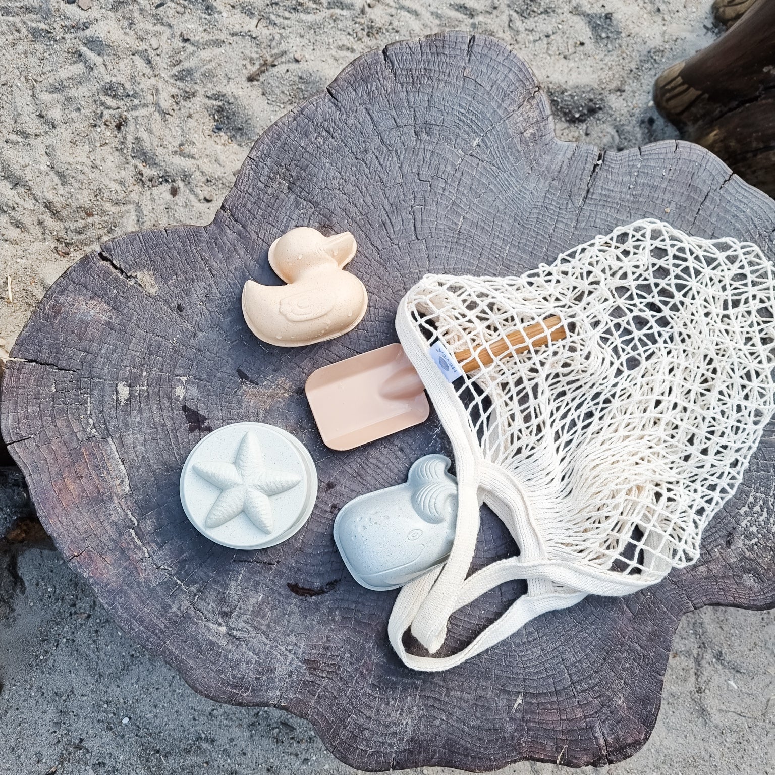Beach-themed items including a starfish, rubber duck, and sandal on a wooden log with a mesh bag.