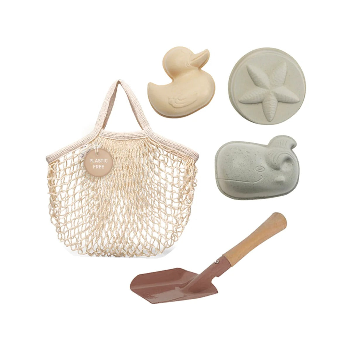 Set of bath toys including a duck, starfish, whale, and a shovel in a mesh bag on a white background.